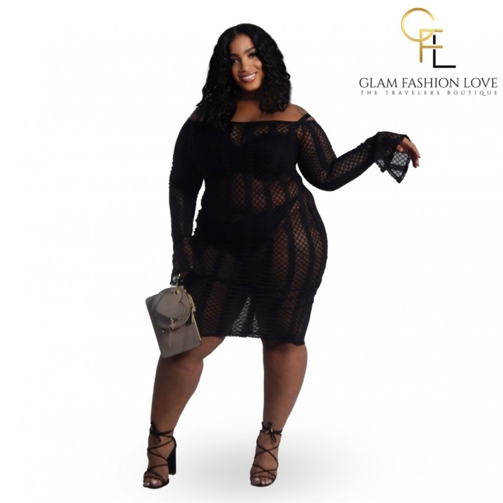 Black Netted Bell sleeve plus size dress.